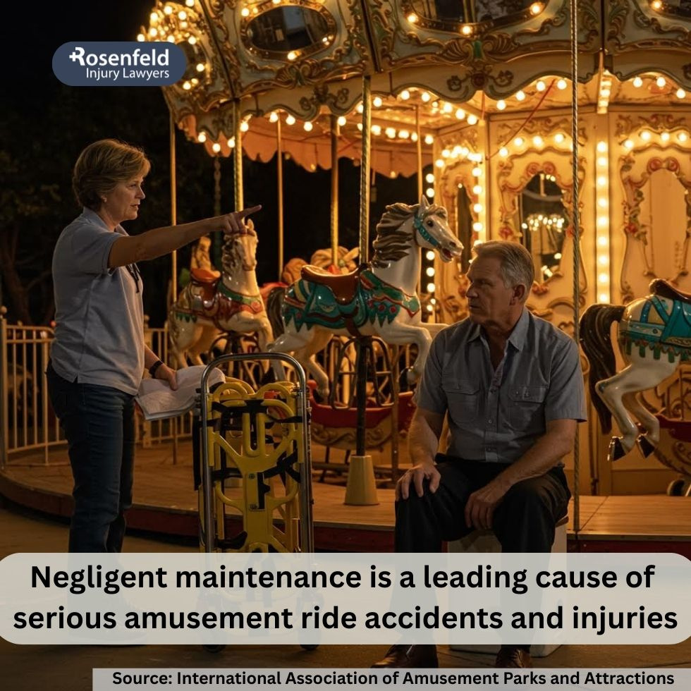 Personal injury attorneys in a Chicago law firm office reviewing liability case photos from an amusement park injury.