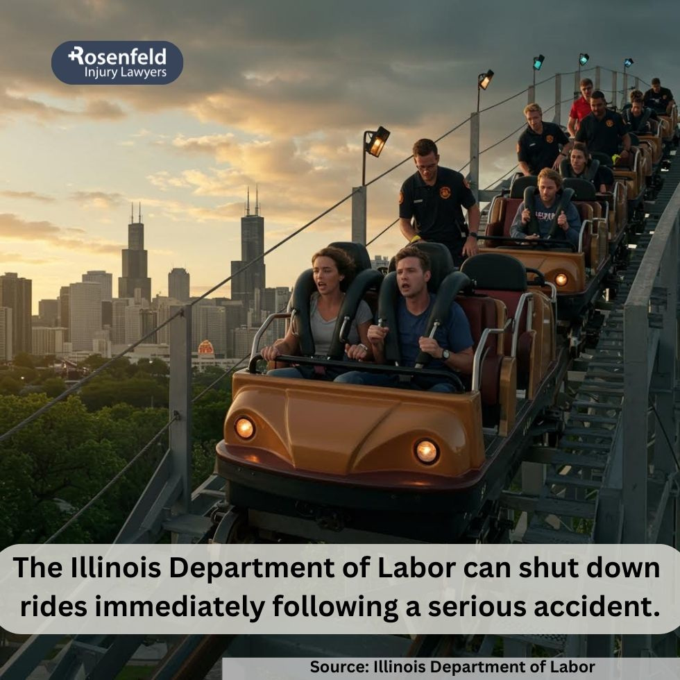 A malfunctioning amusement park ride surrounded by emergency workers and legal observers documenting the scene.