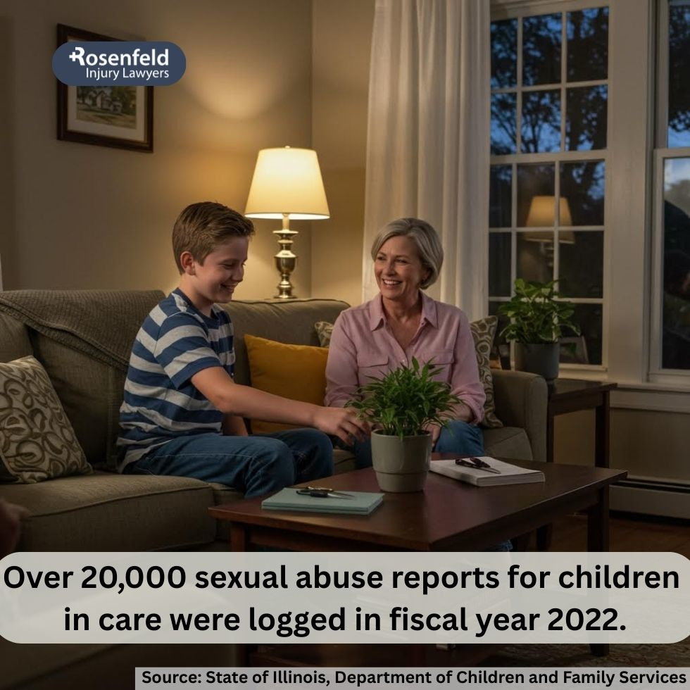 A foster child in a bedroom with signs of emotional abuse, such as withdrawn behavior, while a social worker observes silently.