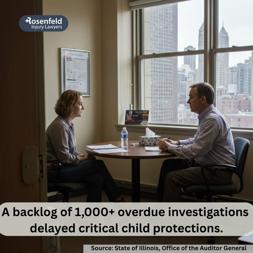 The entrance of an Illinois Department of Children and Family Services office with posters about recognizing and reporting foster care abuse.

