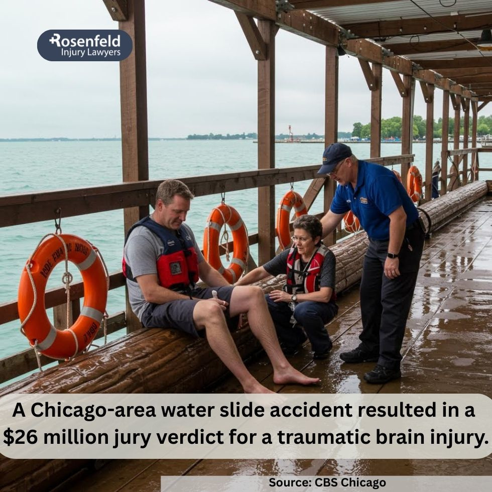 A team of personal injury lawyers at a desk with files labeled “Amusement Park Injury Claims” and “Premises Liability.”
