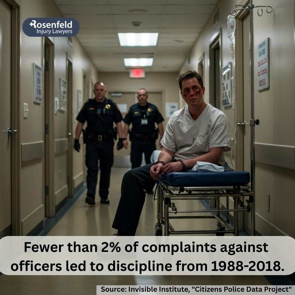 An injured man sitting in an emergency room after being physically assaulted by law enforcement, holding medical discharge papers.