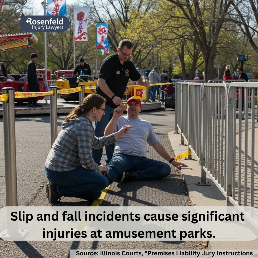 A broken handrail at a Chicago theme park marked with caution tape, with a legal investigator taking notes.