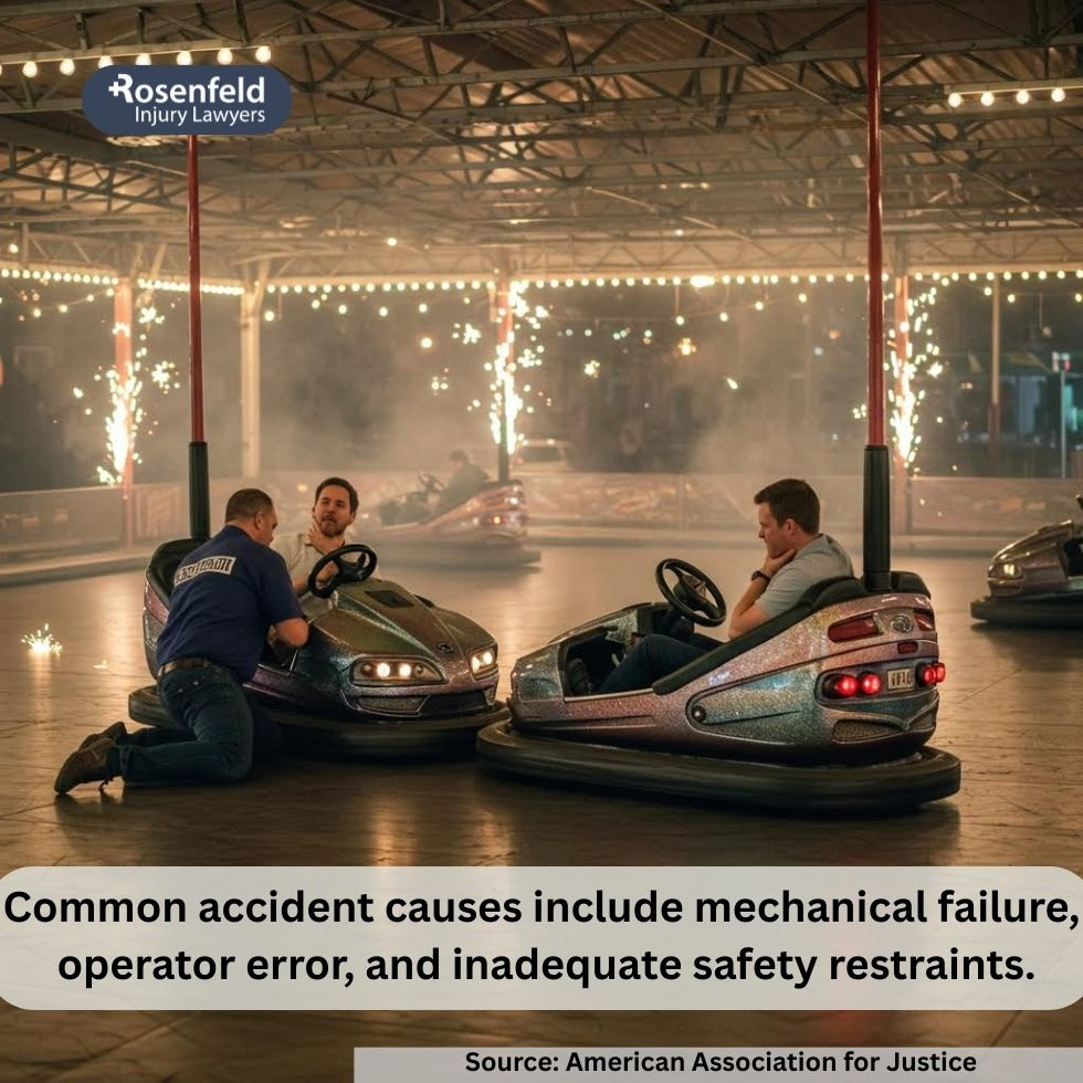 Chicago skyline in the background of a theme park scene where a ride is shut down due to injury investigation.