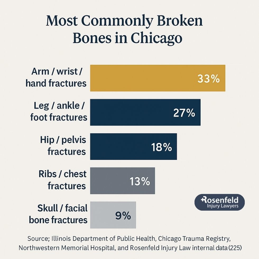 Broken bones commonly occur in personal injury cases involving falls and collisions.
