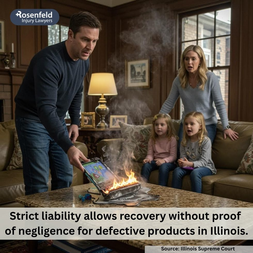 Lawyer in Chicago holding defective appliance while preparing product liability claim.