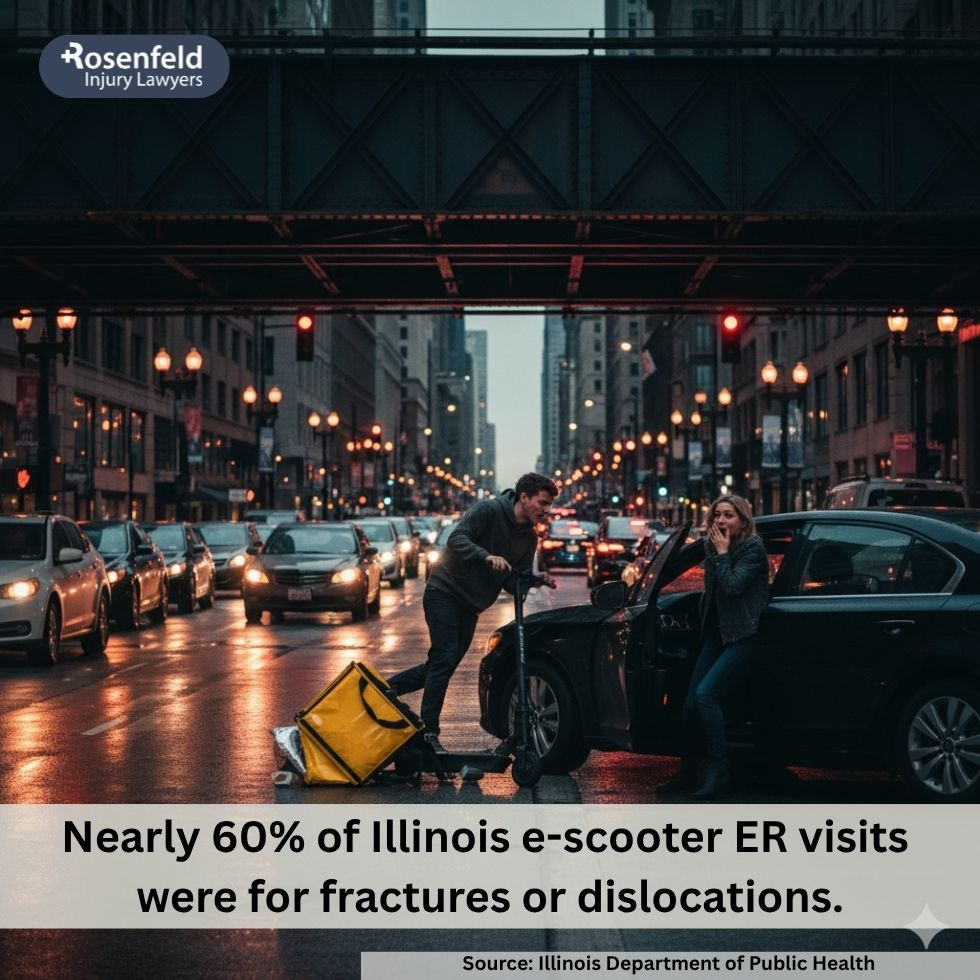 Person injured in an e-scooter accident receiving medical treatment on a busy Chicago street.