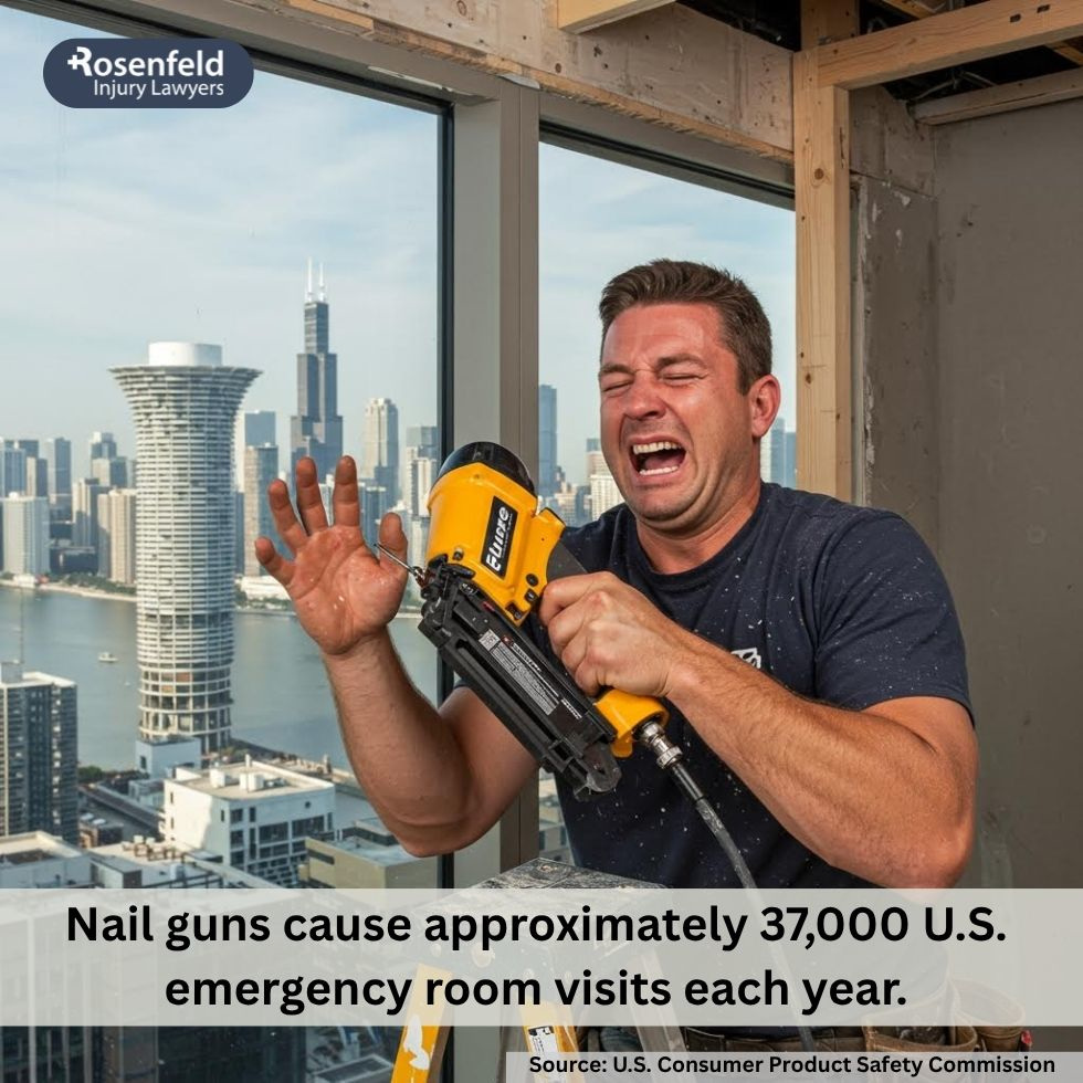 Chicago injury lawyer offering free consultation on a contingency fee basis after a nail gun accident.