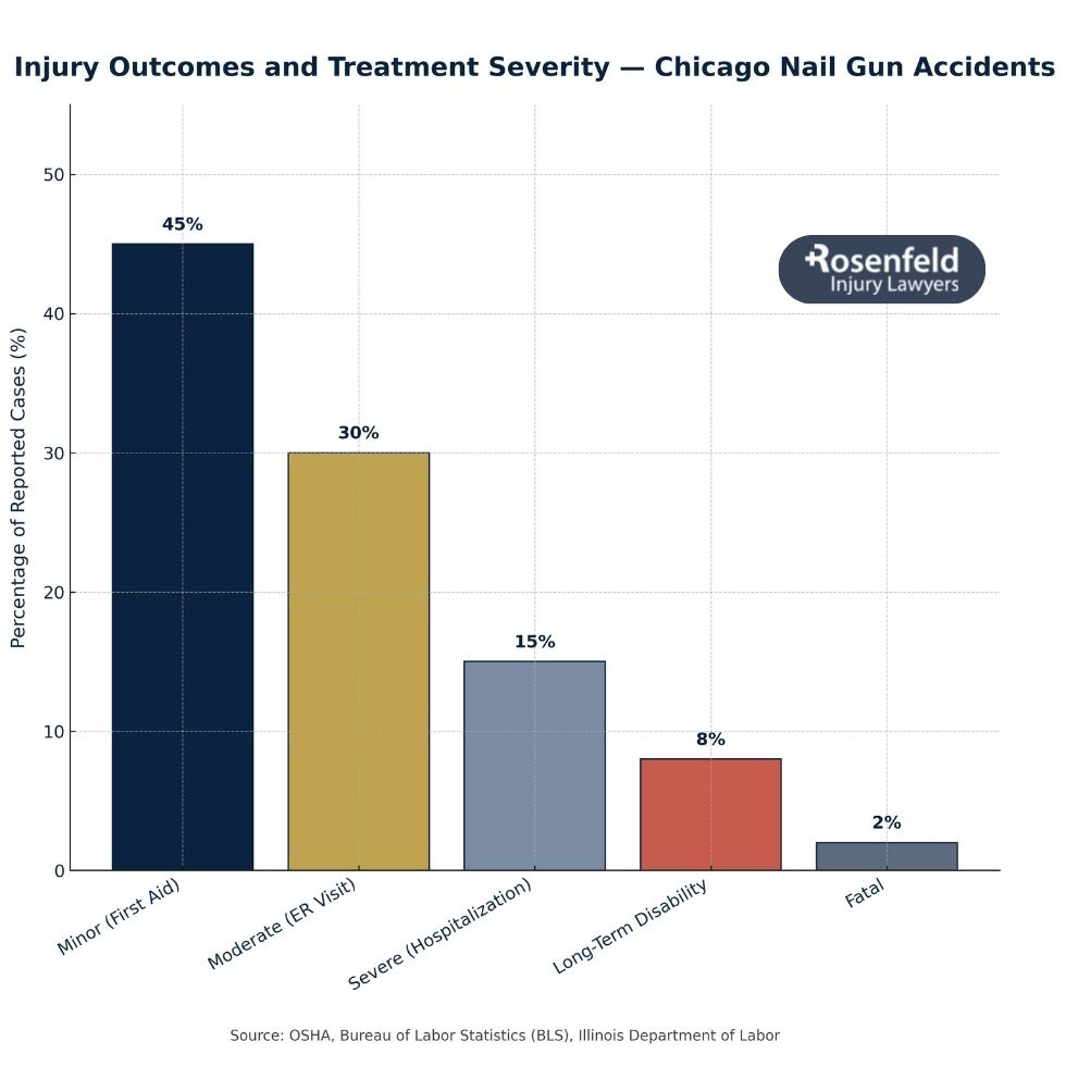 Construction worker with a hand bandaged from a nail gun injury, discussing medical bills and legal recovery in Chicago.