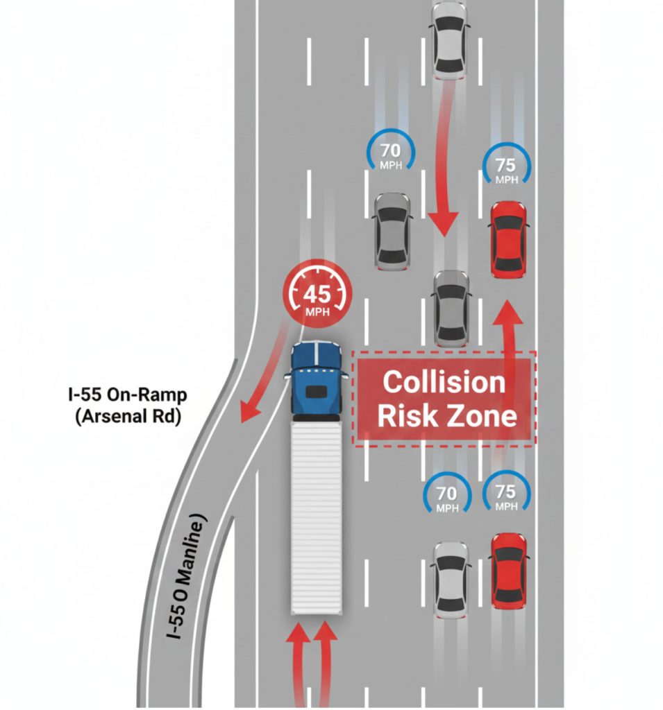 Diagram showing collision risk when a semi-truck merges onto I-55 at 45mph while car traffic travels at 75mph, creating a rear-end crash hazard.