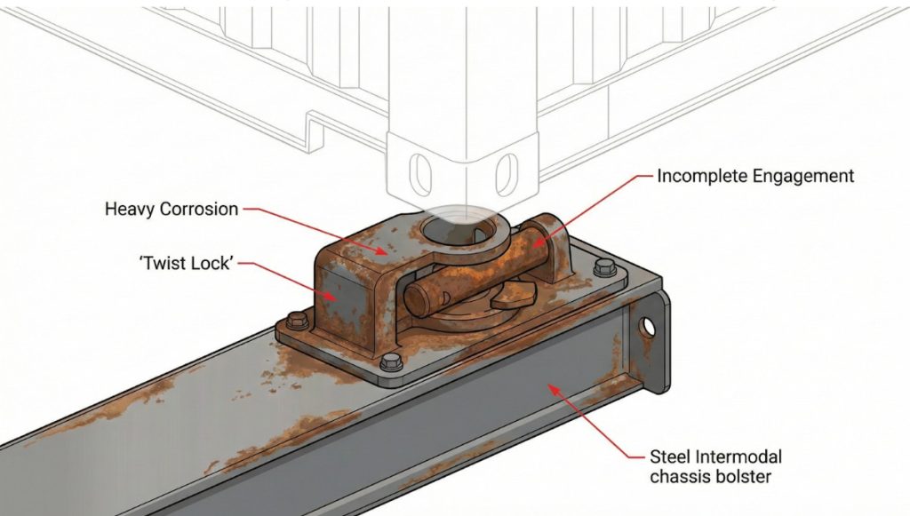 Technical diagram of an intermodal skeletal chassis showing critical components including twist locks, main rails, bolsters, and conspicuity tape for container securement.