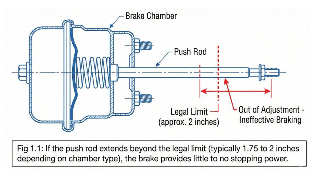 Diagram showing how to measure push rod stroke on a truck brake chamber to identify out-of-adjustment brakes beyond the 2-inch legal limit.
