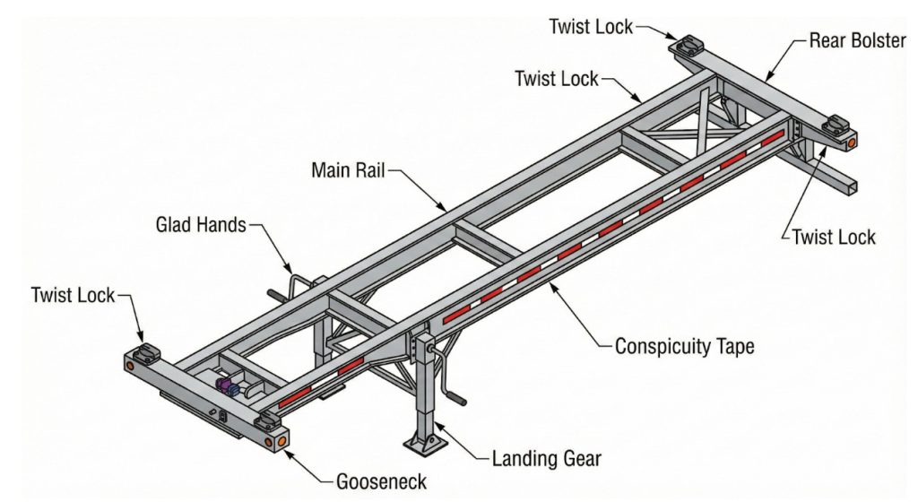 Close-up diagram showing a rusted and seized twist lock mechanism on a truck chassis failing to engage a shipping container corner casting due to corrosion.