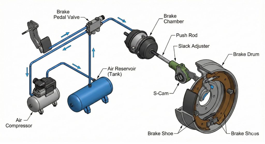 Technical diagram of a commercial truck S-cam air brake system showing compressor, reservoir, brake chamber, push rod, slack adjuster, and brake drums.