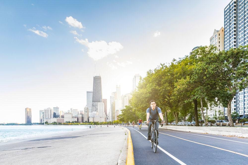  A cyclist navigating a bike lane while in Chicago.